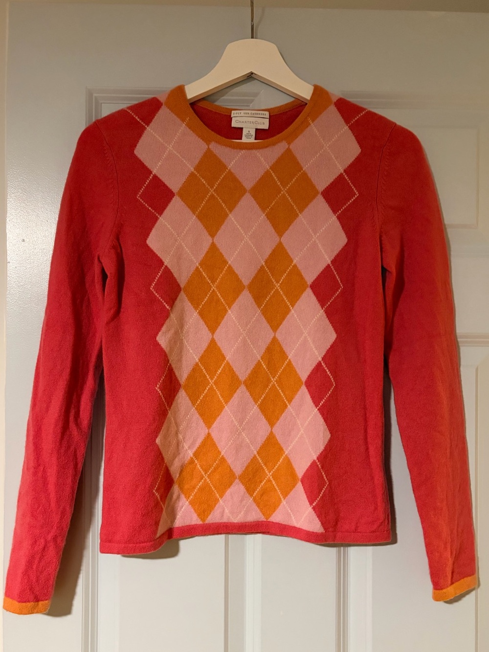 Charter Club 100% Cashmere Pink & Orange Argyle Crewneck Sweater